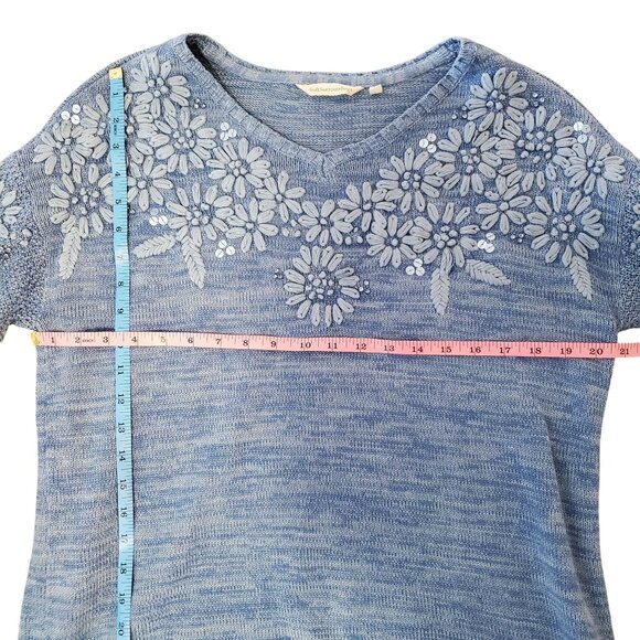 Soft Surroundings Blue Embroidered Floral Cotton Knit Sweater V-Neck Size Med - Picture 9 of 12